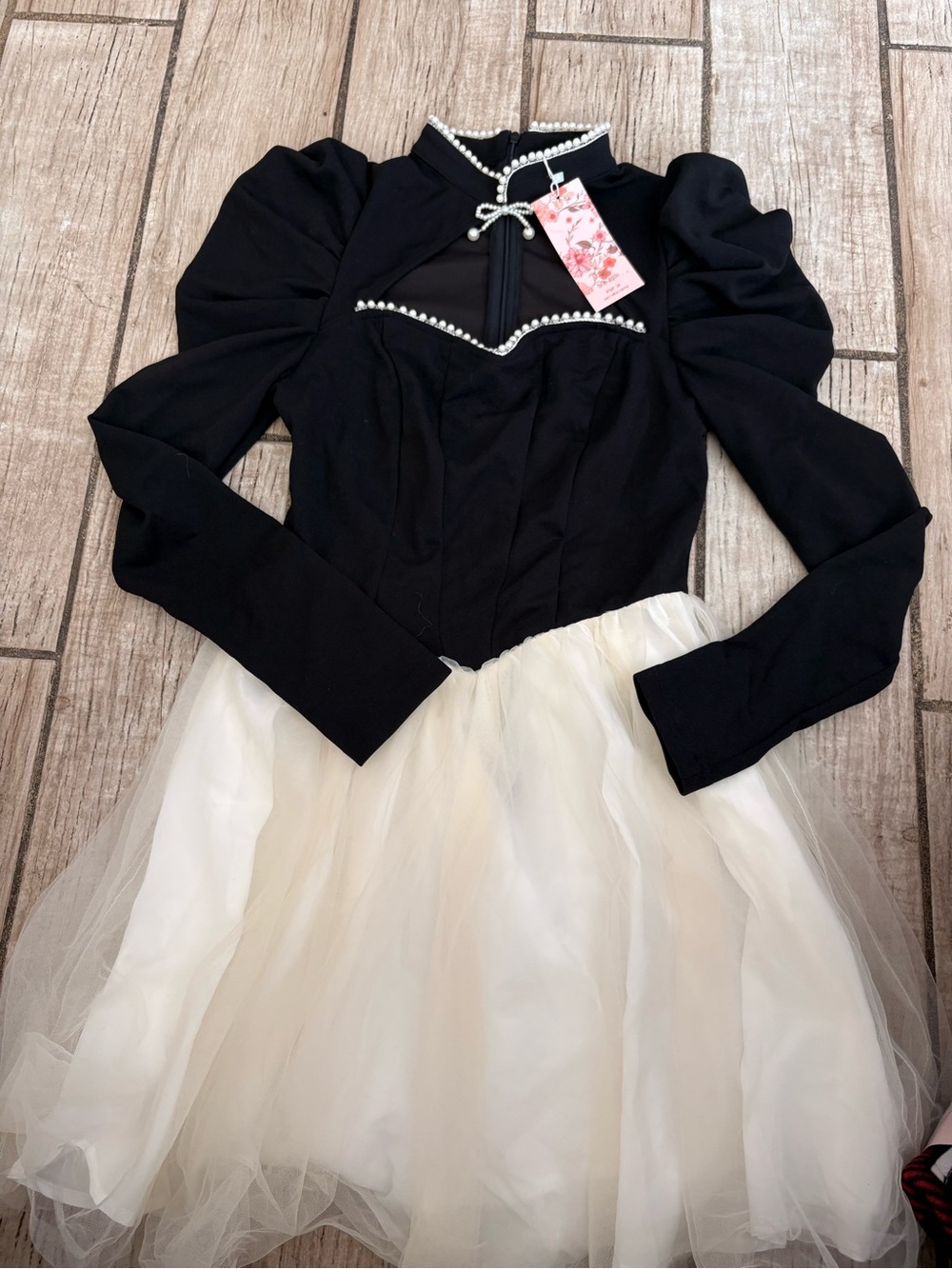 SHEIN Girls Black & Cream Pearl Trim Tulle Party Dress new small sweet girl sexy